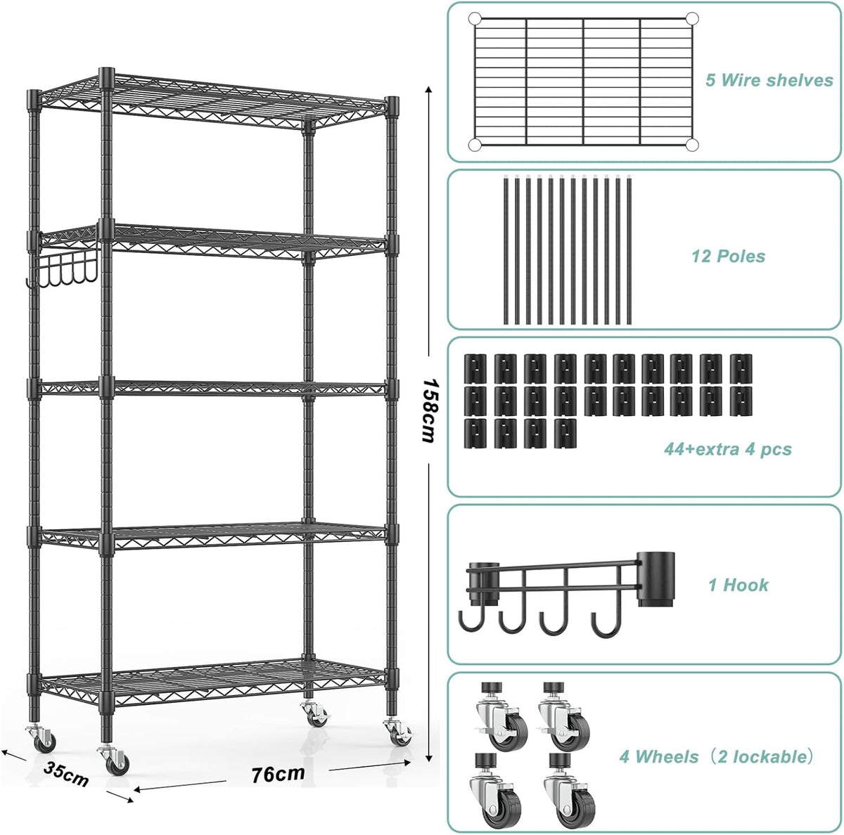 Himimi 5-Tier Storage Shelf Wire Shelving Unit on Wheels Heavy Duty Metal Shelves Adjustable Steel