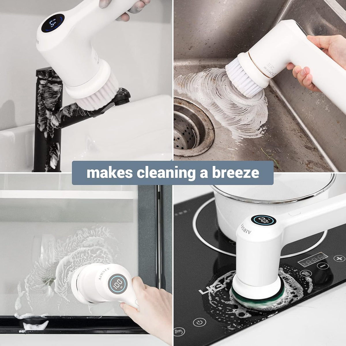 AIRSEE Electric Spin Scrubber, Cordless Power Rotating Brush, 2 Speeds, 6 Replaceable Brush Heads