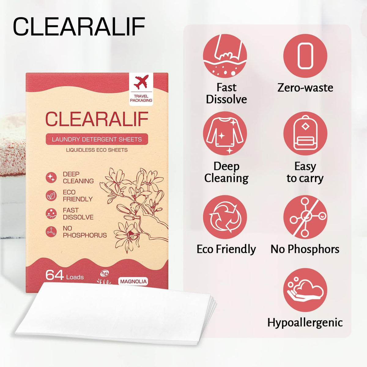CLEARALIF Laundry Detergent Sheets, Magnolia, 64 Load, CLEARALIF Laundry Detergent Strips Eco