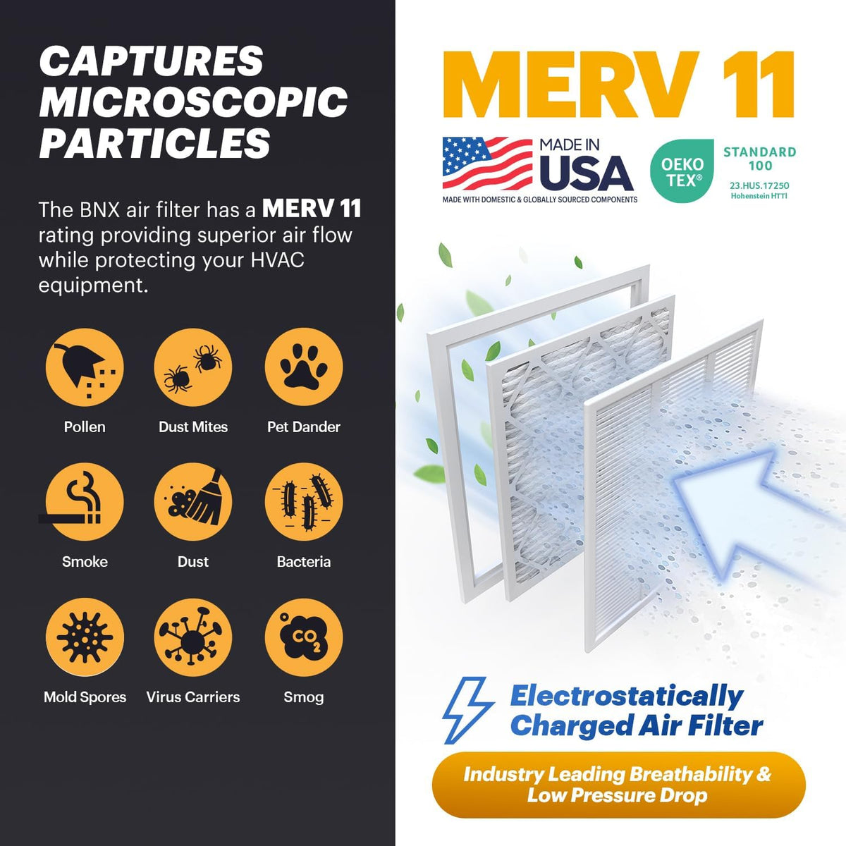 BNX TruFilter 16x16x1 Air Filter MERV 11 (6-Pack) - MADE IN USA - Allergen Defense Electrostatic
