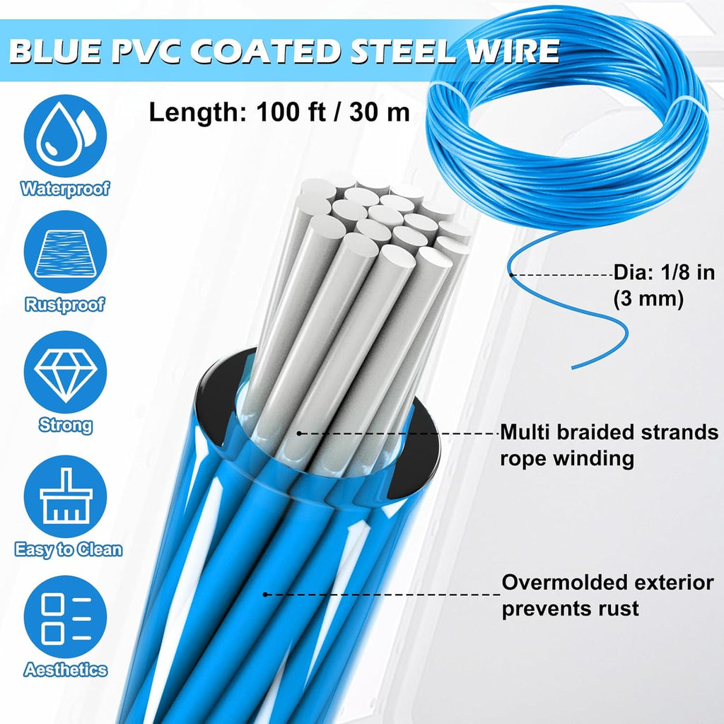 Turnbuckles for Cables Wire, 1/8" X 100Ft Blue PVC Coated Wire Rope Kit, Multi-use Steel Cable for