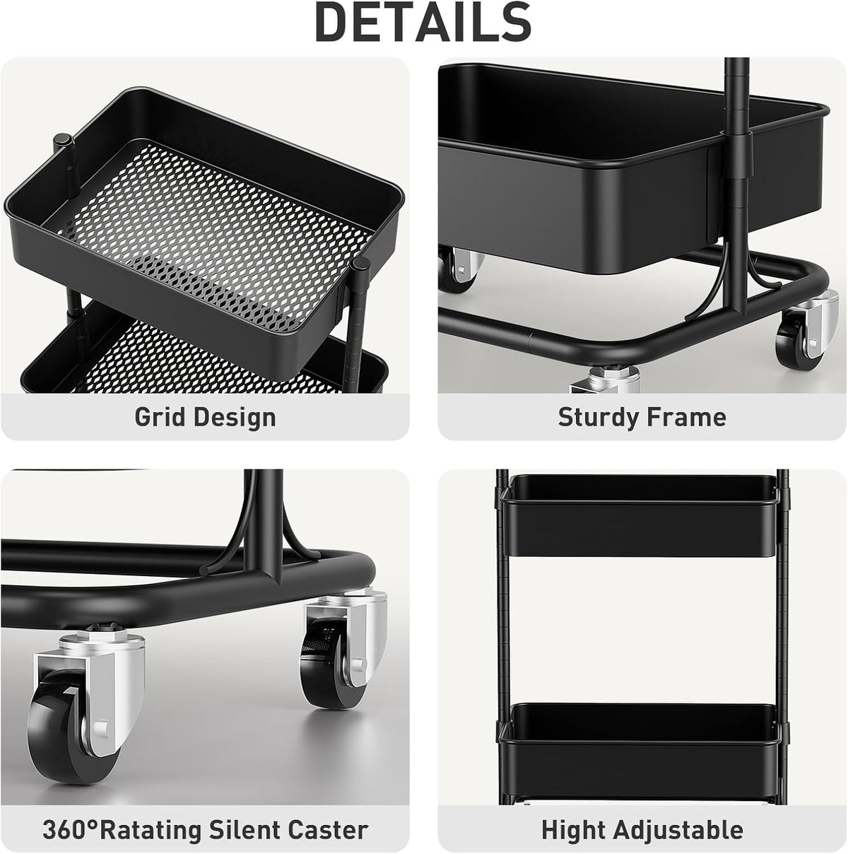 3 Tier Modern Metal Rolling Tool Cart with Silent Casters, 17.72×12.40×35.04 inch Heavy Duty