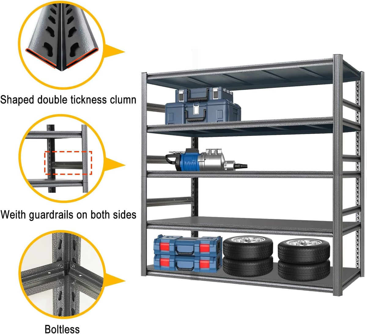 Storage Shelf 5-Tier Garage Shelving, Industrial Shelving with Guardrails, 2500LB Boltless Metal