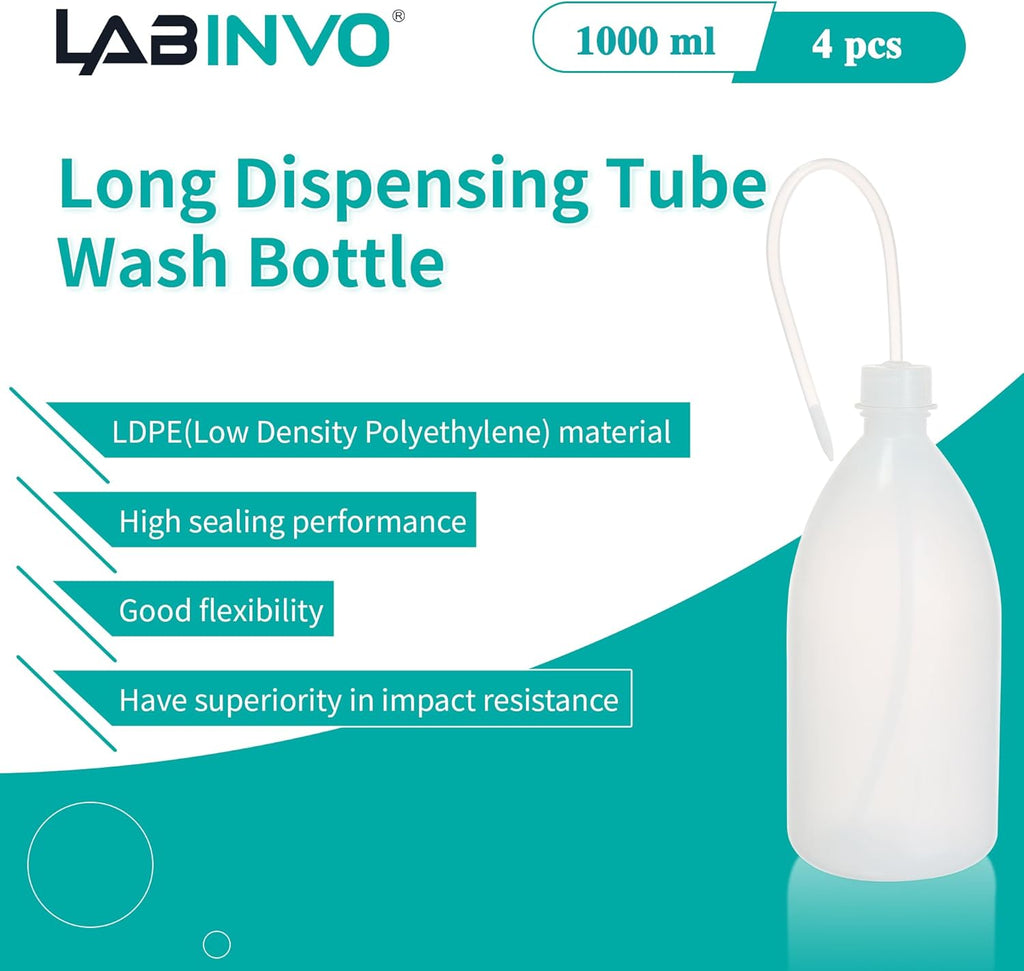 4pcs of Economy Wash Bottles, Vol.1000ml (34oz), Narrow-Mouth Squeeze Bottles Bottles, LDPE