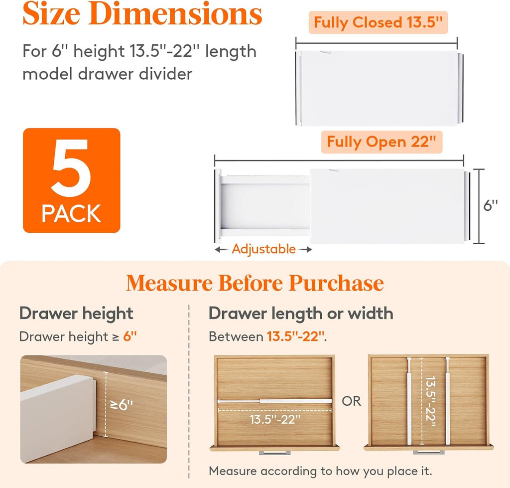 Lifewit 5 Pack Drawer Dividers Plastic 6" High, 13.5-22" Adjustable Drawer Organizers for Clothes