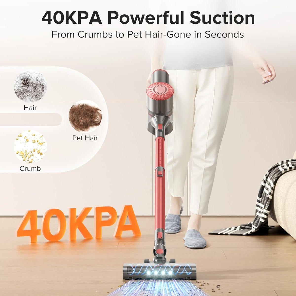 Cordless Vacuum Cleaner with Self-Standing, 40KPA Stick Vacuum Cleaners for Home, 8-in-1