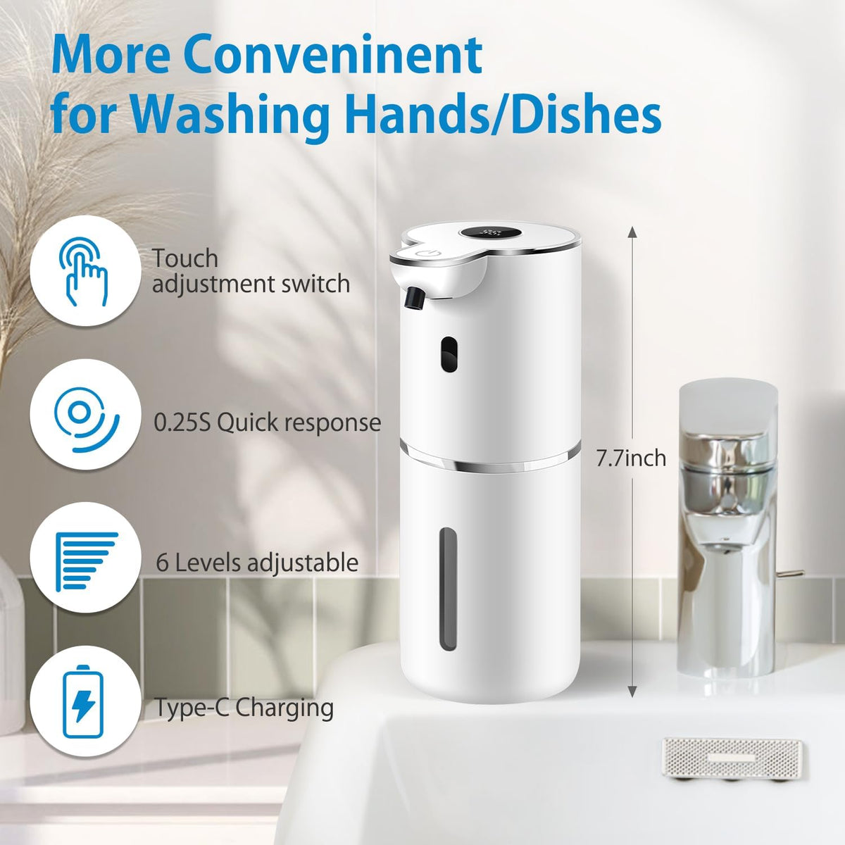 Automatic Foaming Soap Dispenser 12.8oz, Rechargeable & 6 Levels Foaming Adjustable with Digital