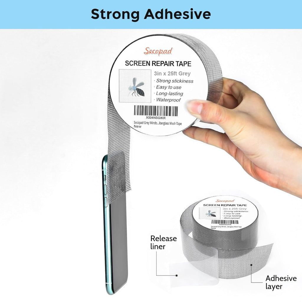 Grey Window Screen Repair Tape, 3IN X 25FT (300IN) Screen Repair Kit for Windows or Doors, Strong