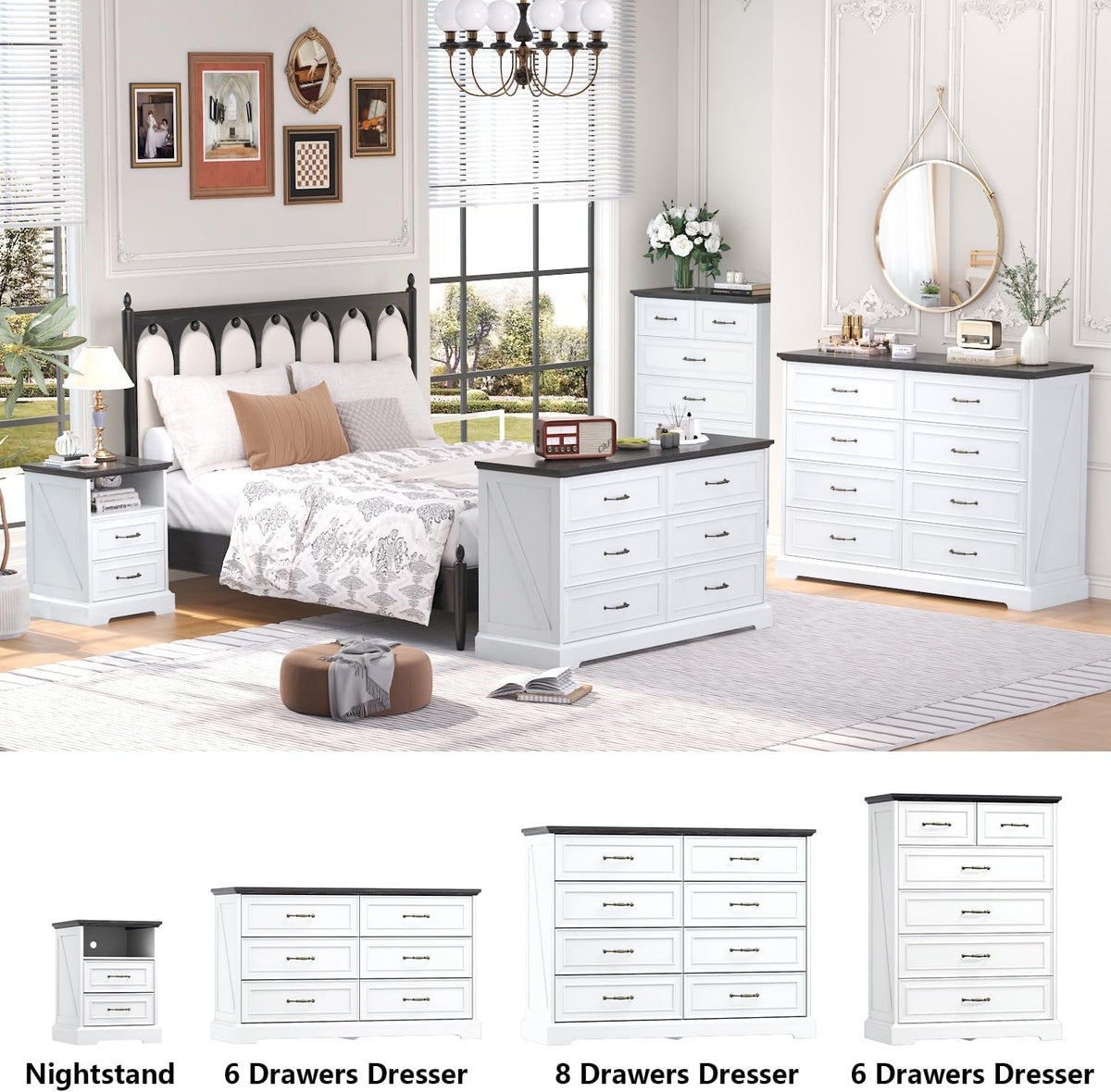 6 Drawer Dresser for Bedroom, 43" Tall Wooden Chest of Drawers, Rustic Farmhouse Dresser with Large