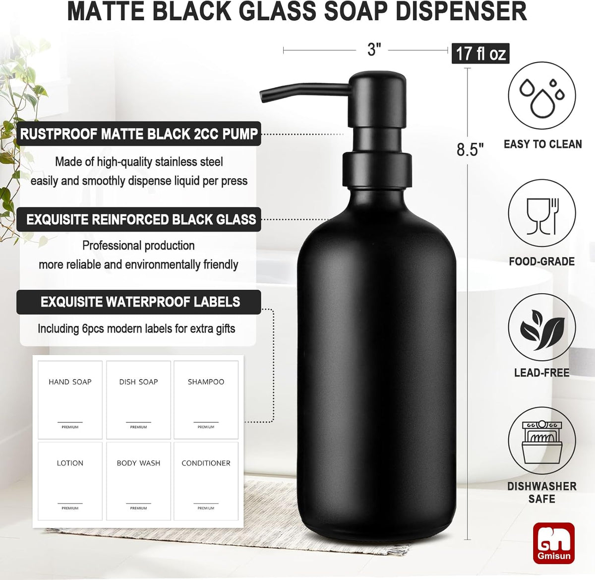 GMISUN Black Soap Dispenser, 2 Pack Matte Black Hand Soap Dispensers Bathroom with Stainless Steel