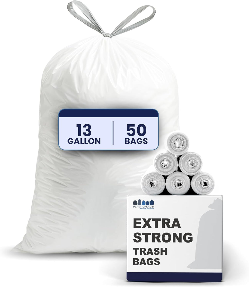 Plasticplace 13 Gallon Trash Bags │ 1.2 Mil │ White Extra-Large Drawstring Garbage Can Liners │ 24"