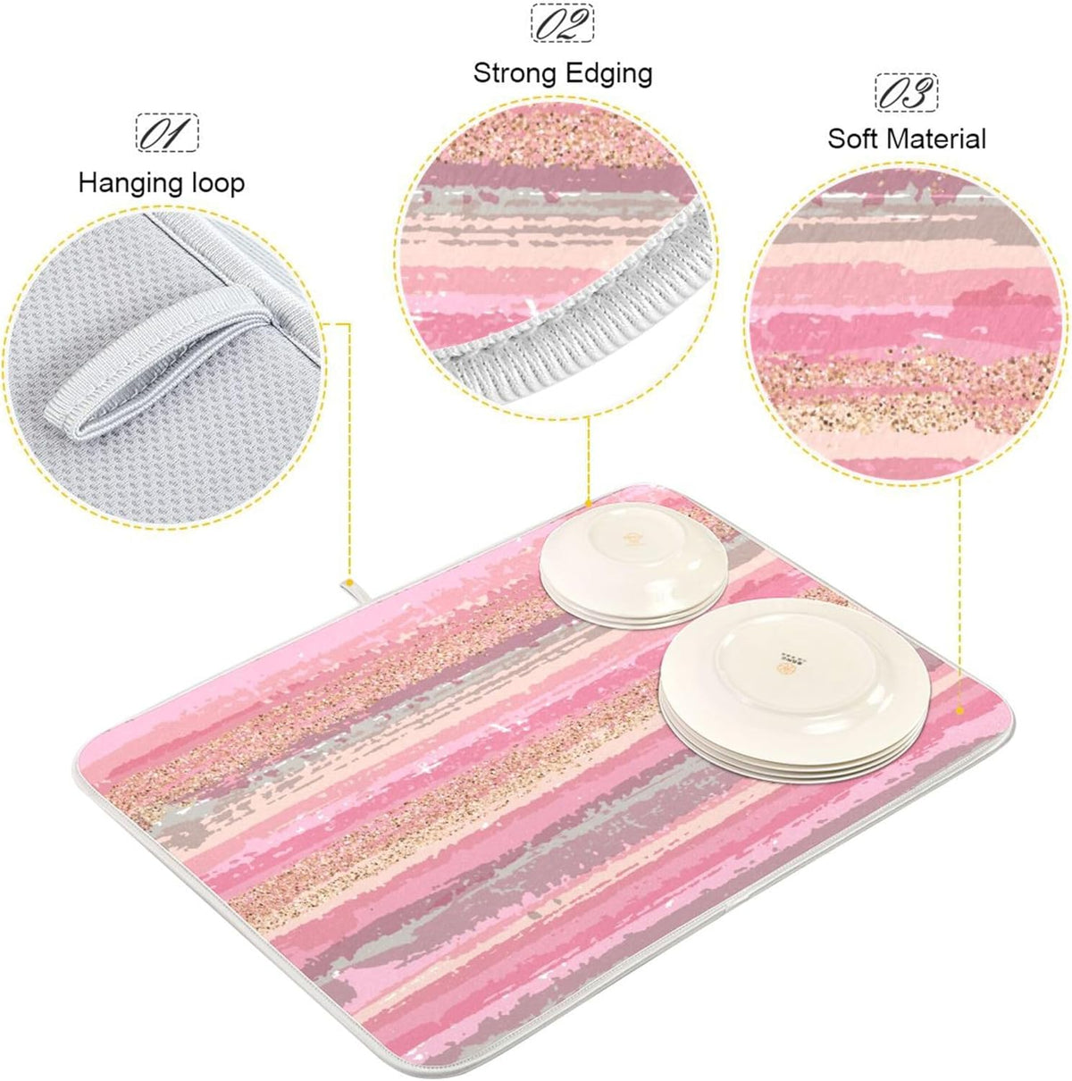 Pink Gold Stripe Dish Drying Mat for Kitchen Countertop 16x18 Rectangle Small Drying Mat Reusable