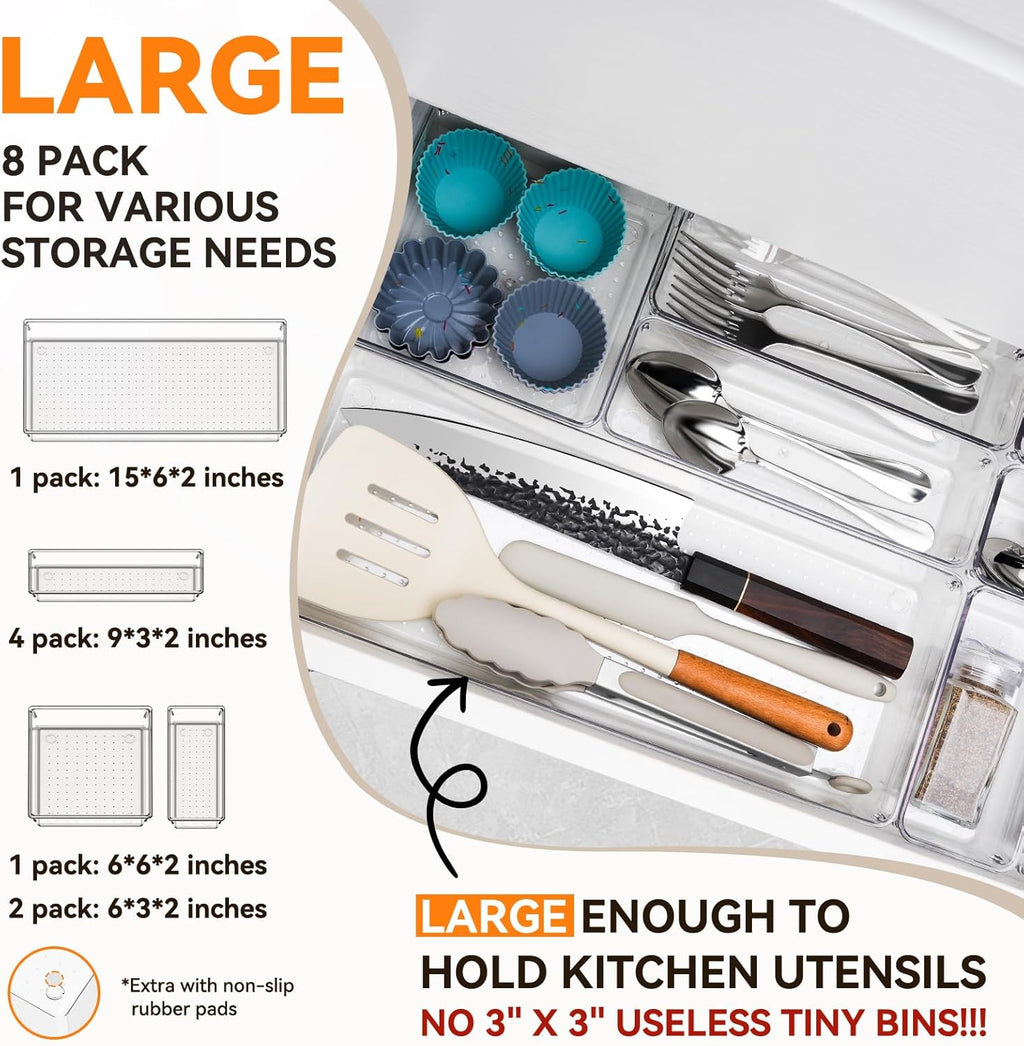 Criusia Utensil Drawer Organizer for Kitchen, 8 Pack Silverware Organizer Utensil Holder, Clear