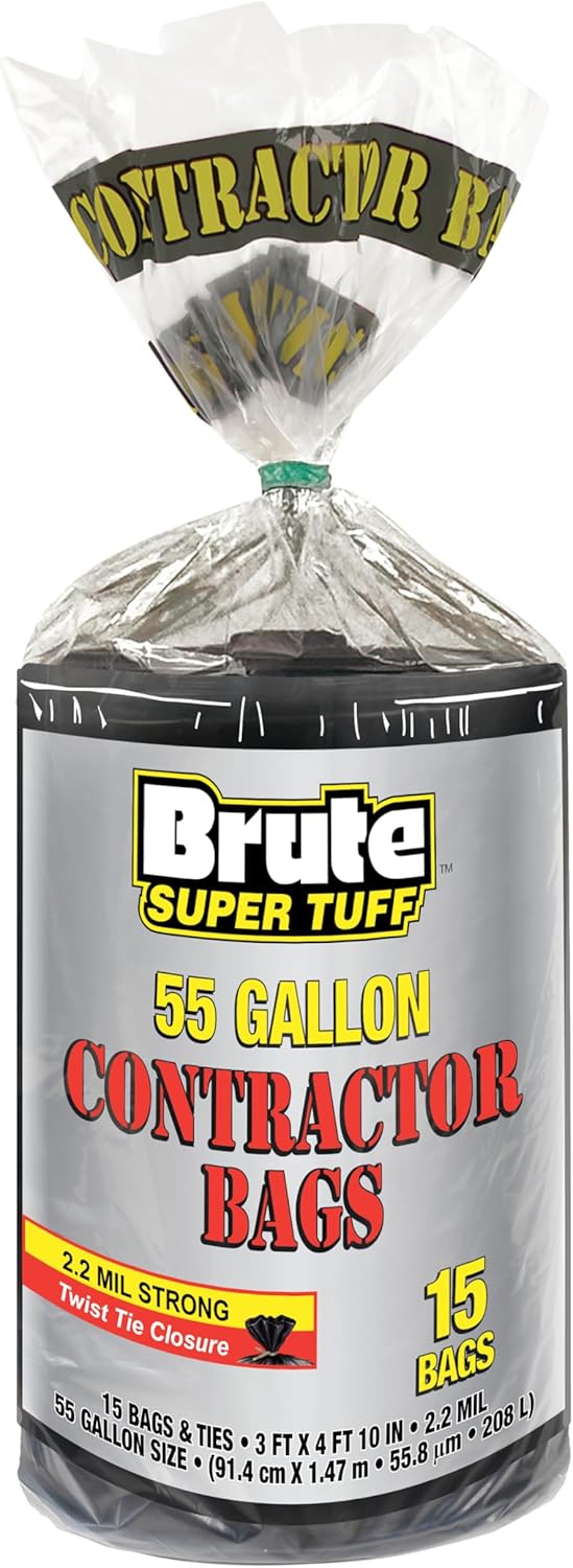 Heavy Duty Contractor Bags, Extra Large Trash Bags, Twist Tie Closure, Black, 55 Gallon, 15 Count