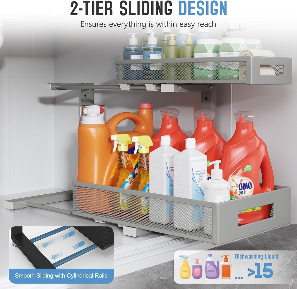 1 Pack 17IN Depth Under Sink Storage Organizer, Large 2-Tier Elegant Mesh Pull Out Shelf for