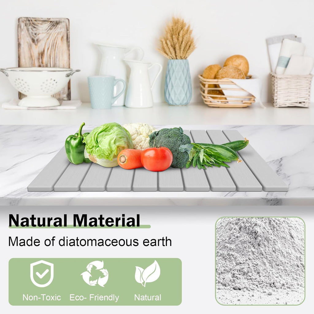 Stone Dish Drying Mat for Kitchen Counter,24"(L)×16"(W) Collapsible Fast-Drying Diatomaceous Earth