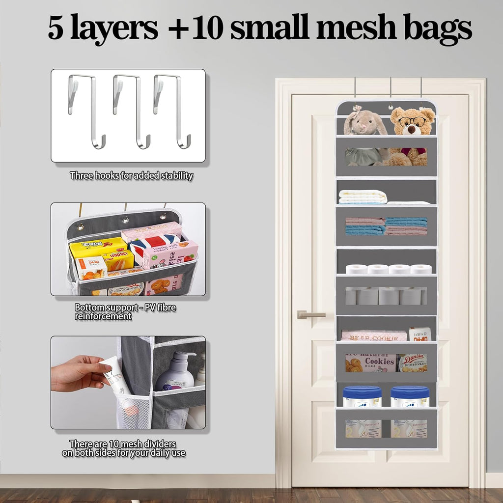 Over The Door Organizer, 5 Shelves Closet Door Hanging Storage and Organizer with 10 Mesh Pockets