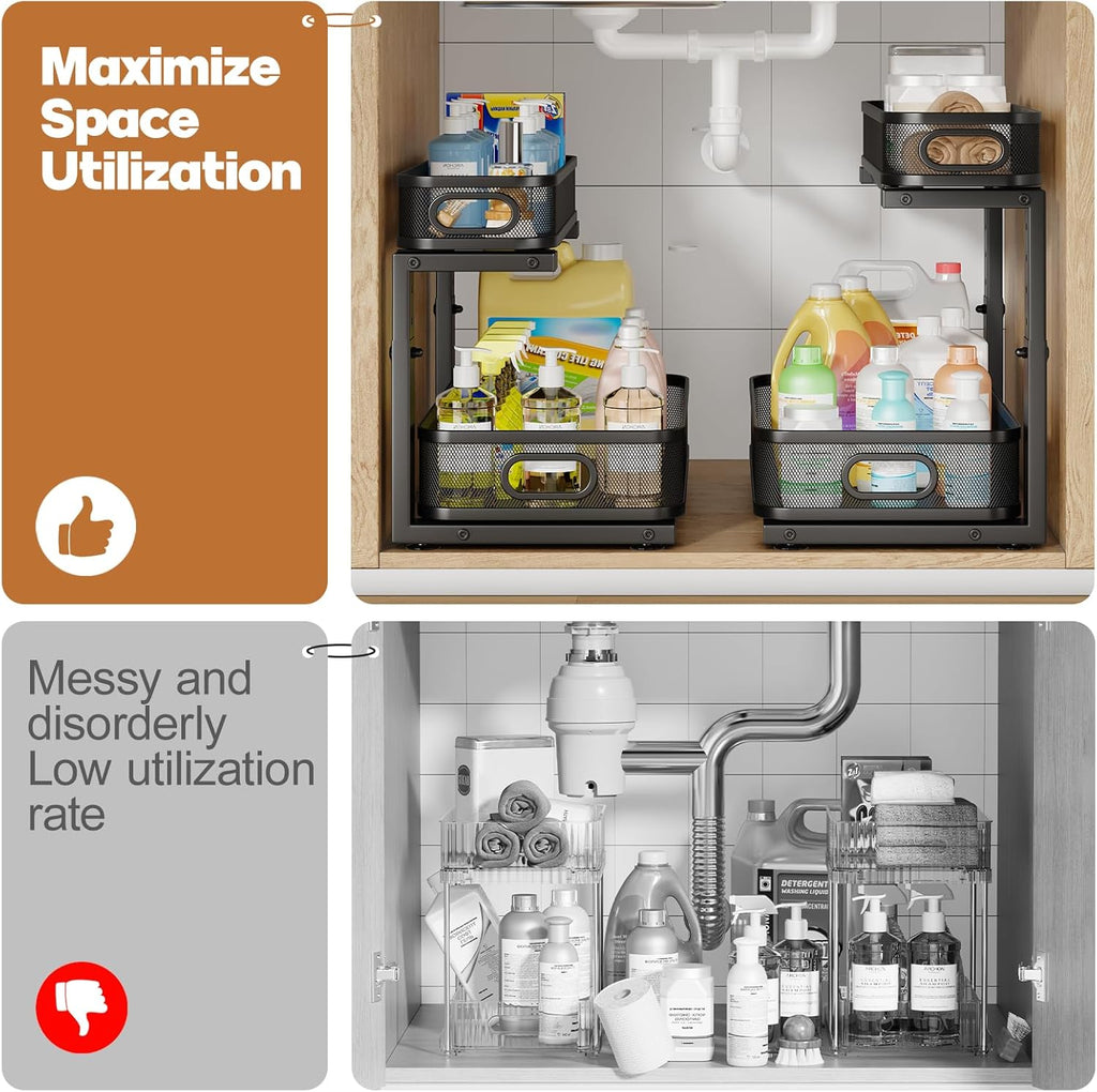 2 Pack 17.3IN-Depth Under Sink Organizer with Smooth Cylindrical Rail,2-Tier Pull Out Multi-Purpose
