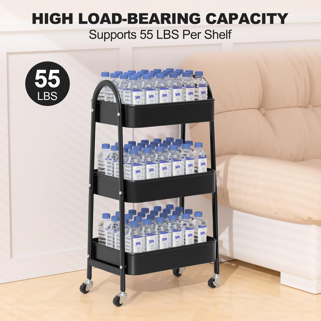 EAGMAK 3 Tier Rolling Cart, Large Metal Storage Cart with Handle and Lockable Wheels, Big