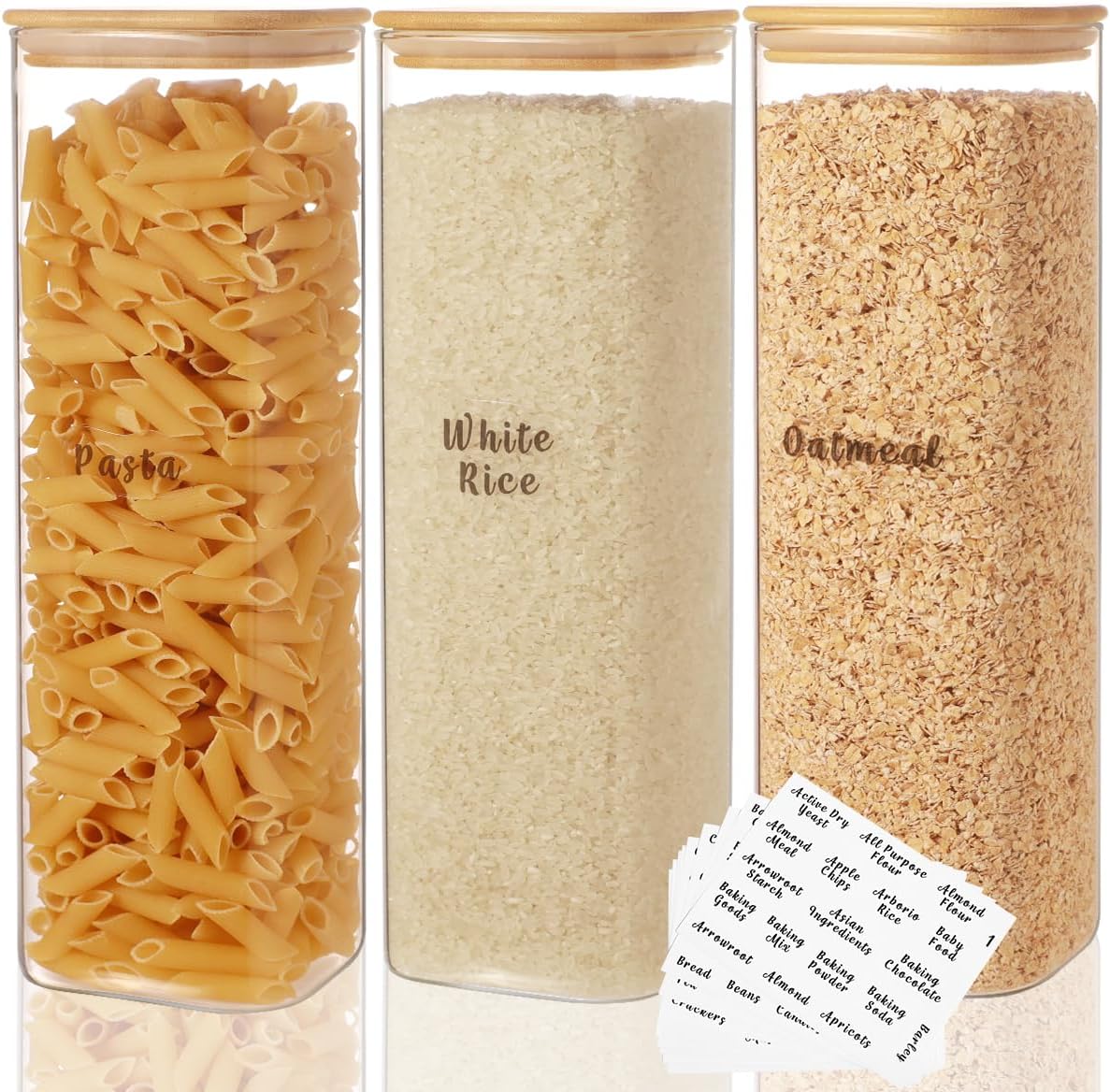 3 Pcs Square Glass Pantry Storage Containers with Bamboo Airtight Lid and 248 Clear Pantry Labels