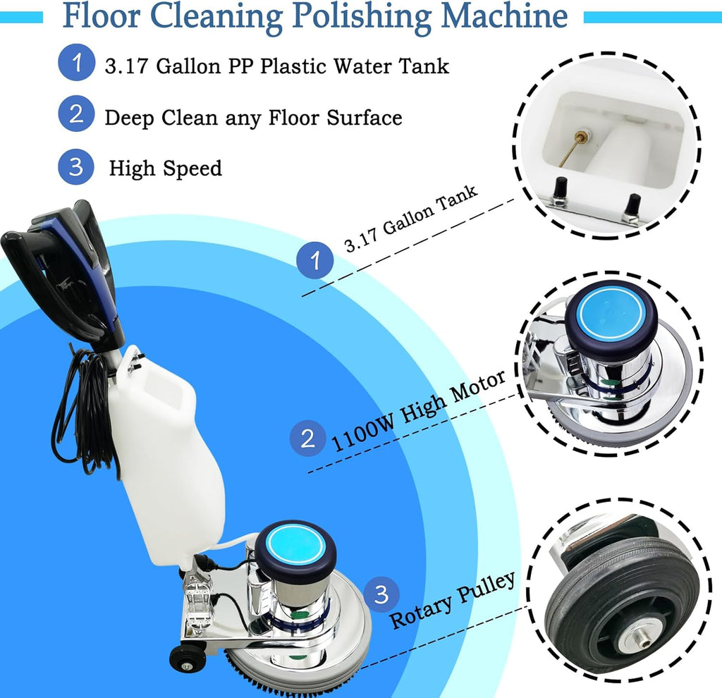 18" Commercial Floor Scrubber & Polisher Heavy Duty Multi-Surface Buffer Cleaner for Wood, Tile