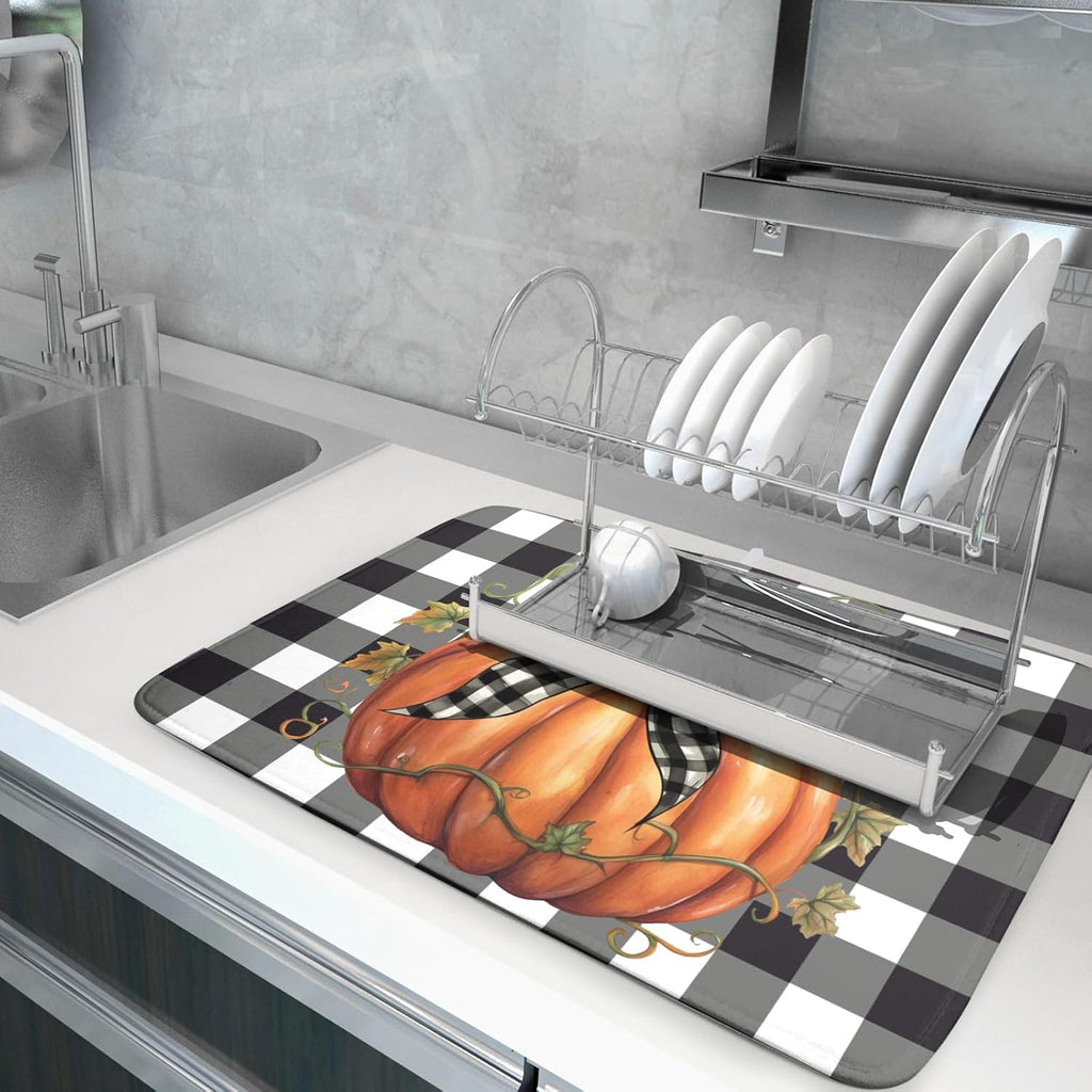 Autumn Pumpkin Drying Mats for Kitchen Counter 16×18 Inch Maple Leaves Dish Drying Rack Washable