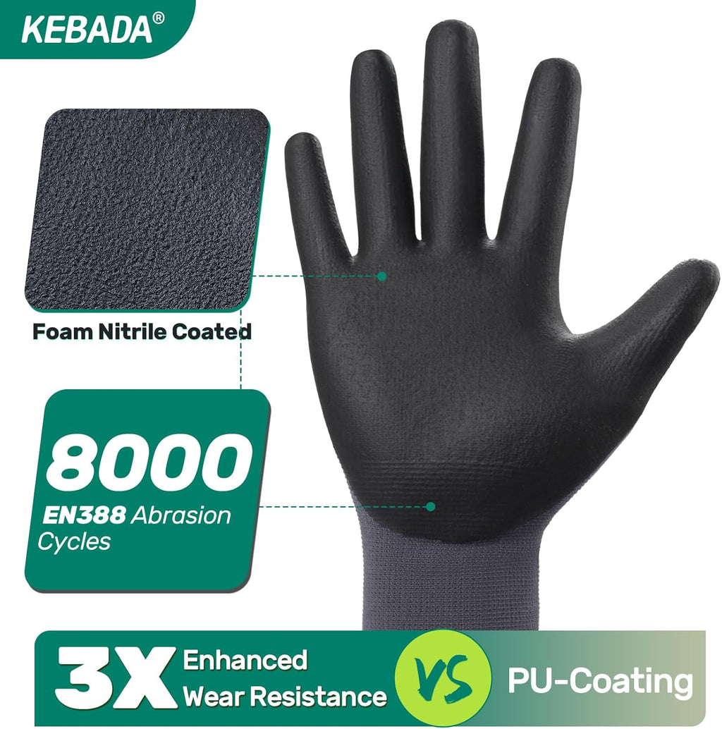 Kebada Work Gloves for Men and Women, Foam Nitrile Coated Safety Gloves with Grip, Ideal for