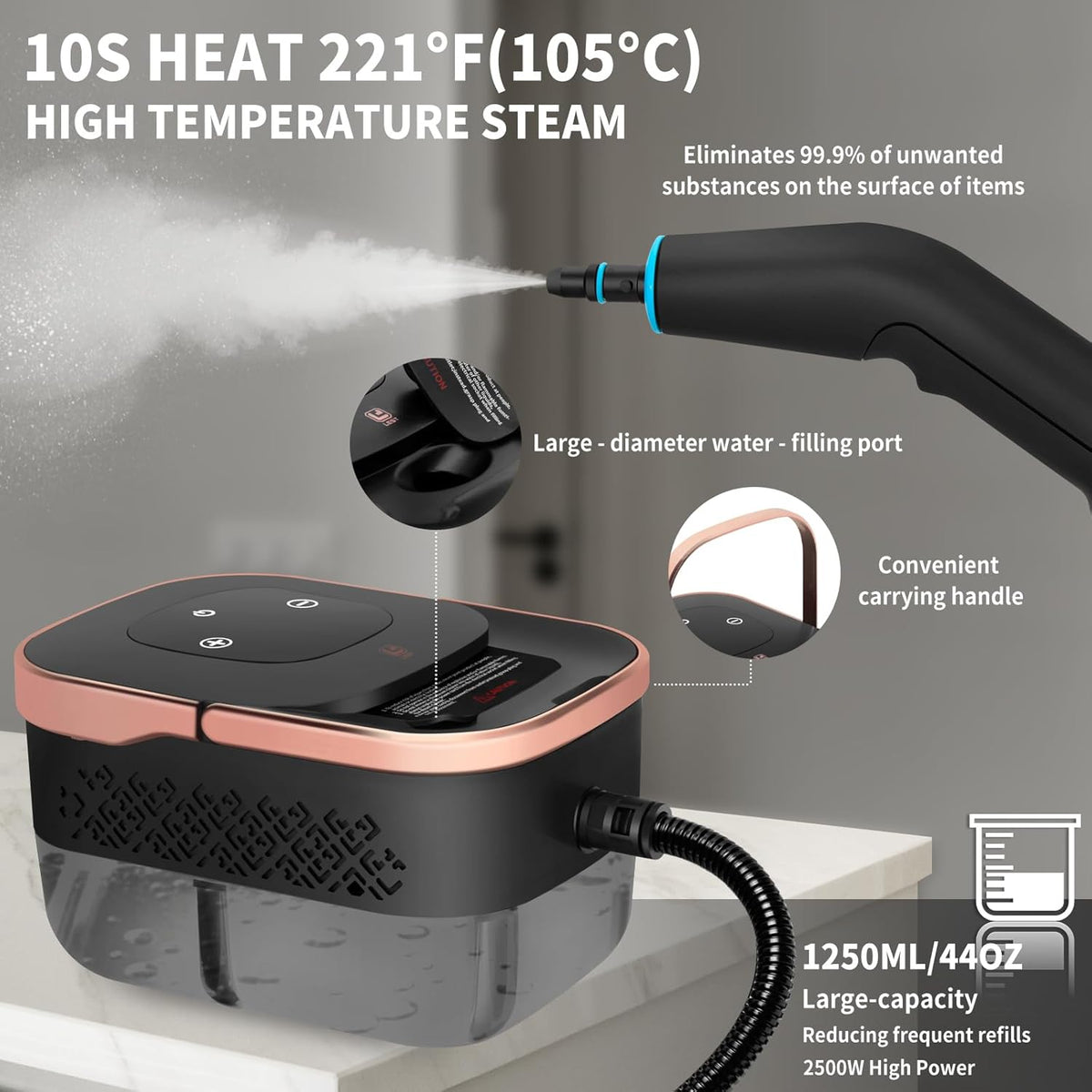 2500W Portable Handheld Steam Cleaner, High Temperature Pressurized Steam Cleaning Large Capacity