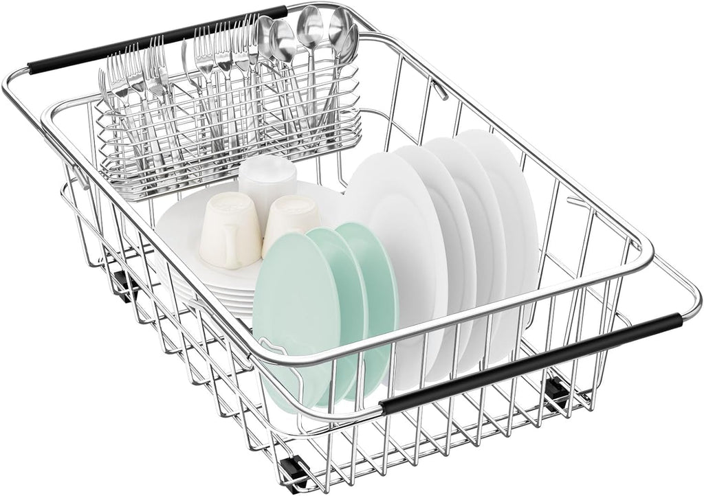 Large Dish Drainer Rack in Sink Adjustable, Expandable 304 Stainless Steel Metal Dish Drying Rack