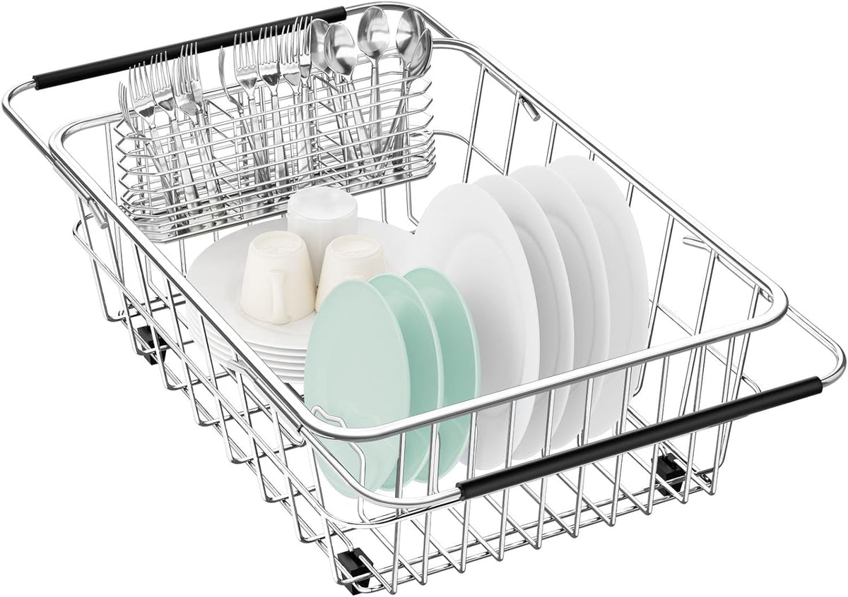 Large Dish Drainer Rack in Sink Adjustable, Expandable 304 Stainless Steel Metal Dish Drying Rack