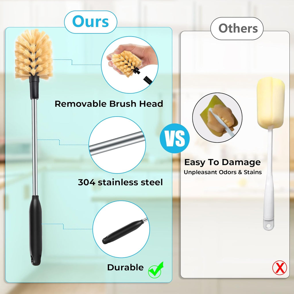 3 in 1 Stainless Steel Long Handled Water Bottle Brush Set, Kitchen Scrubber Cleaning Brush for