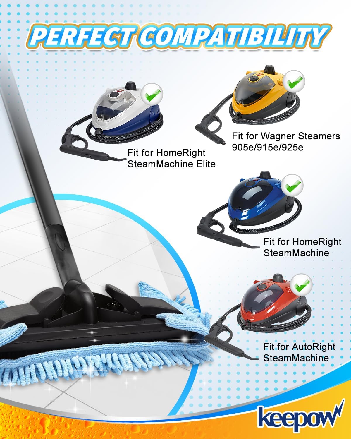 KEEPOW Reusable Microfiber Mop Pads Compatible with Wagner 905e, 915e & 925e Steamers, Reusable