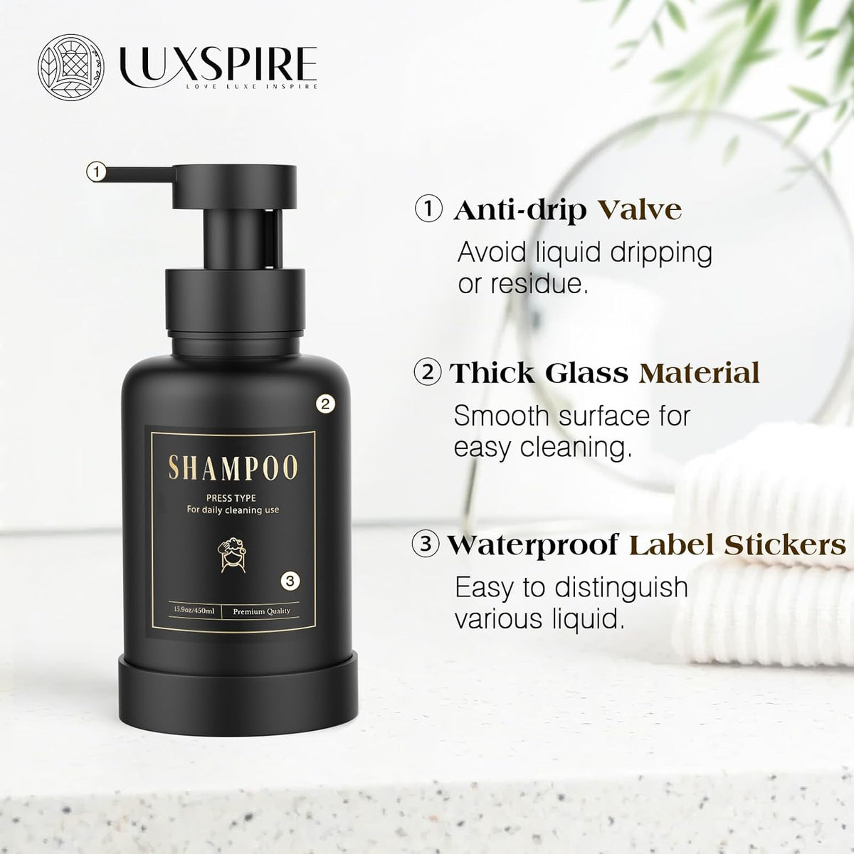 Luxspire Foaming Soap Dispenser, Glass Foam Pump Soap Dispenser, Non-Slip Hand Soap Dispenser with