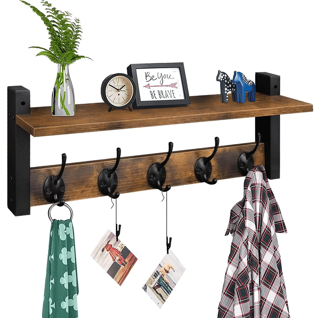 Homode Wall Hooks with Shelf, Wood Coat Rack with Shelf Wall-Mounted, Entryway Hanging Shelves with