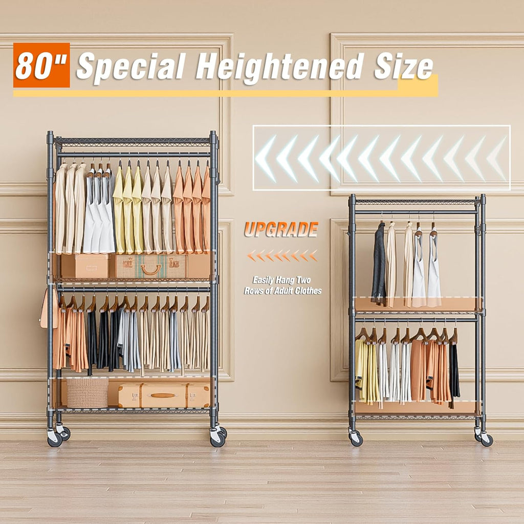 Homdox Garment Rack Heavy Duty, 3 Tier Rolling Clothing Racks for Hanging Clothes, Metal Wardrobe