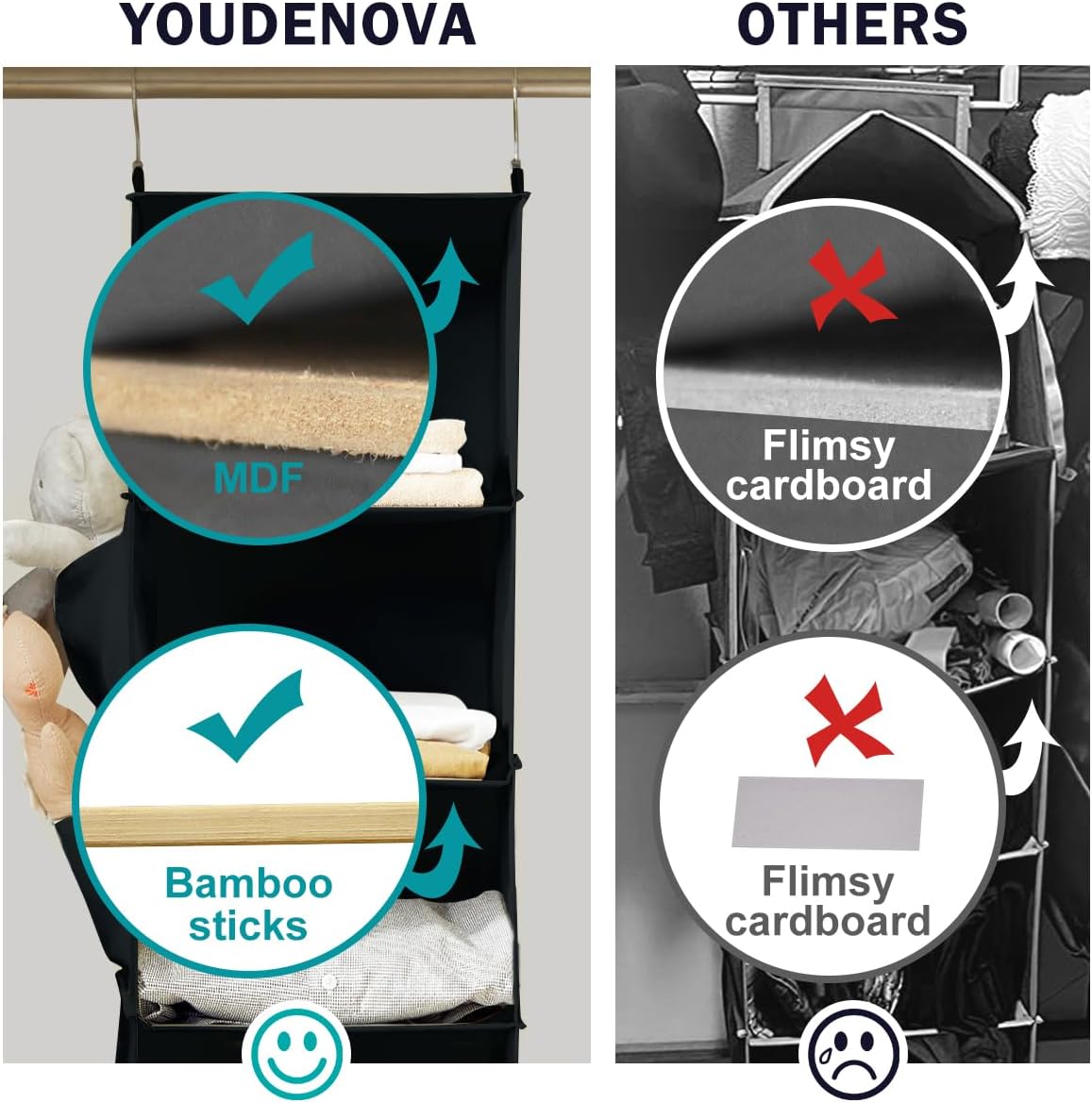 YOUDENOVA Hanging Closet Organizer, 6-Shelf Closet Hanging Storage Shelves, 2 Packs, Black