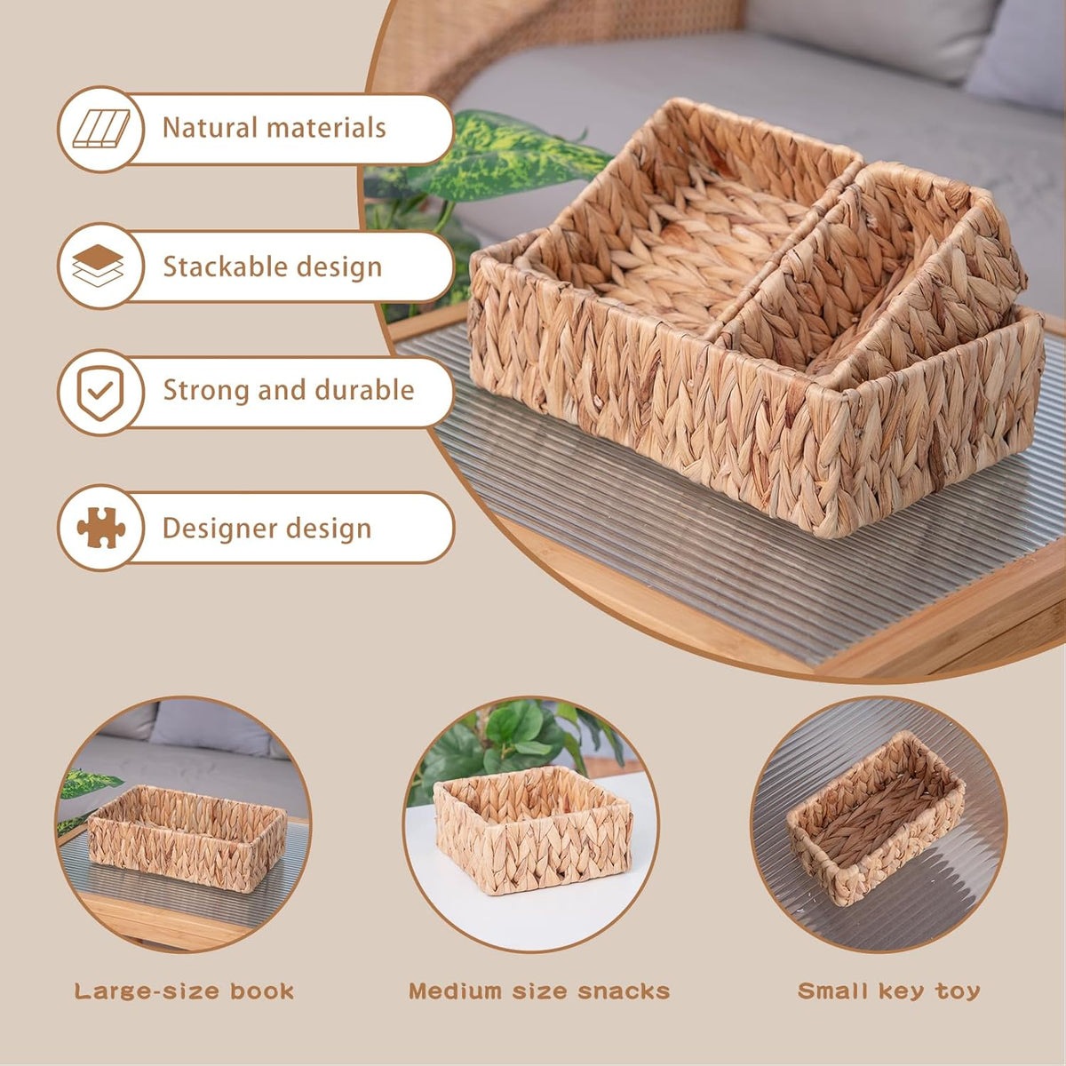 Handwoven Wicker Storage Baskets Set, Natural water hyacinth & Iron Frame | Triple Sizes (Small