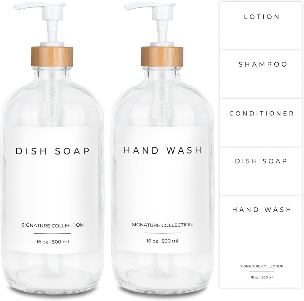 Emerson Glass Soap Dispenser Set - 16 Oz, 2 Pack with Pump and Labels for Kitchen and Bathroom