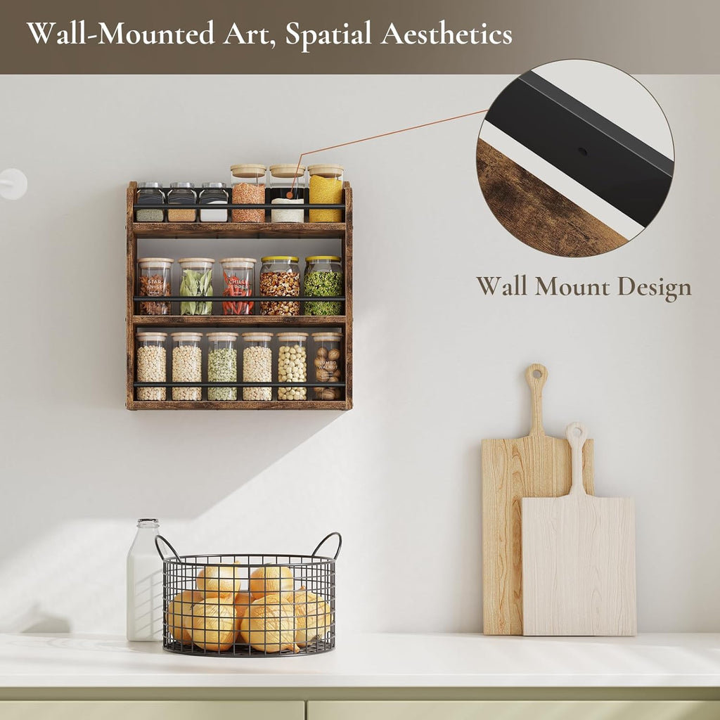 Spice Rack Wall Mounted, Wood 3 Tier Spice Rack for Countertop, Vertical Spice Organizer for Spice