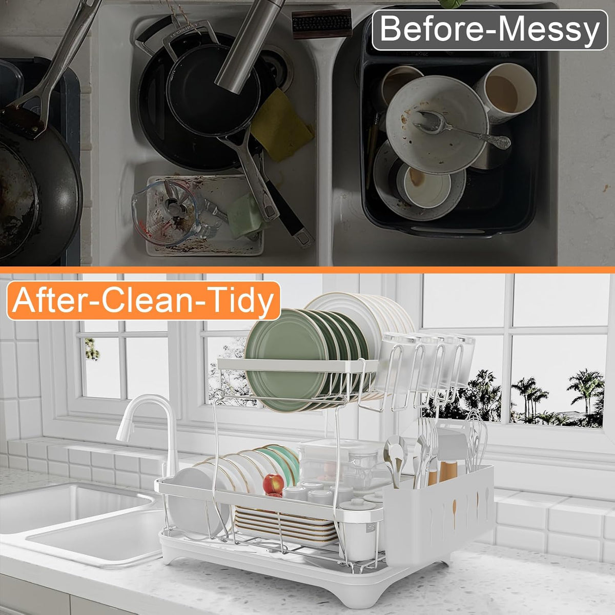 Dish Drying Rack - 304 Stainless Steel Dish Rack for Kitchen Counter, Adjustable Spout