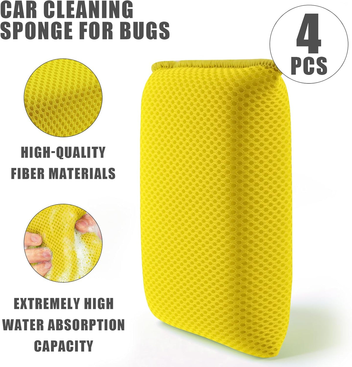 4 PCS Bug Scrubber Sponge Car, Bug Remover Wash Sponge，Car Cleaning Sponge for Bugs, Tar, Grime