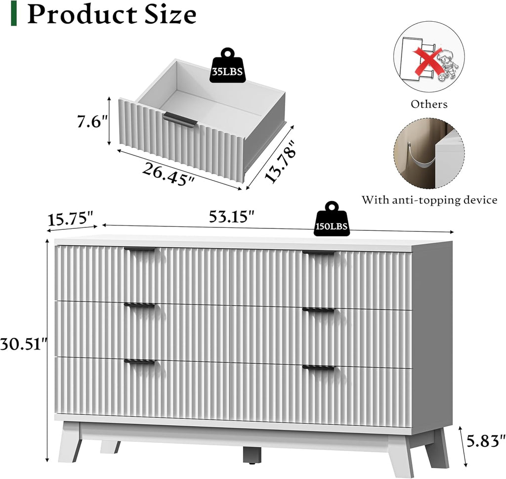 Fluted Dresser with 6 Drawers, 54" Wide Modern Chest of Drawers with Metal Handle, Wooden Dresser