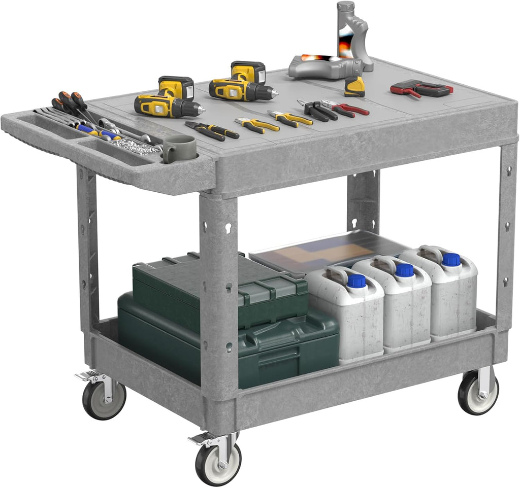 Heavy Duty Flat Top Utility Cart with Wheels 2-Tier Utility Plastic Service Work Cart for Shop