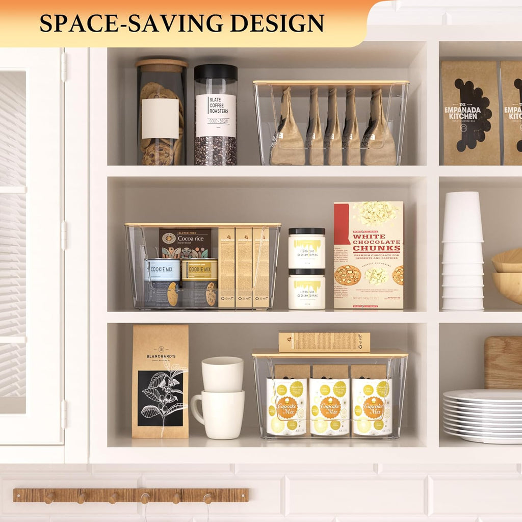 6 Pack Clear Stackable Storage Bins with Bamboo Lids, Plastic Storage Containers with Handle for