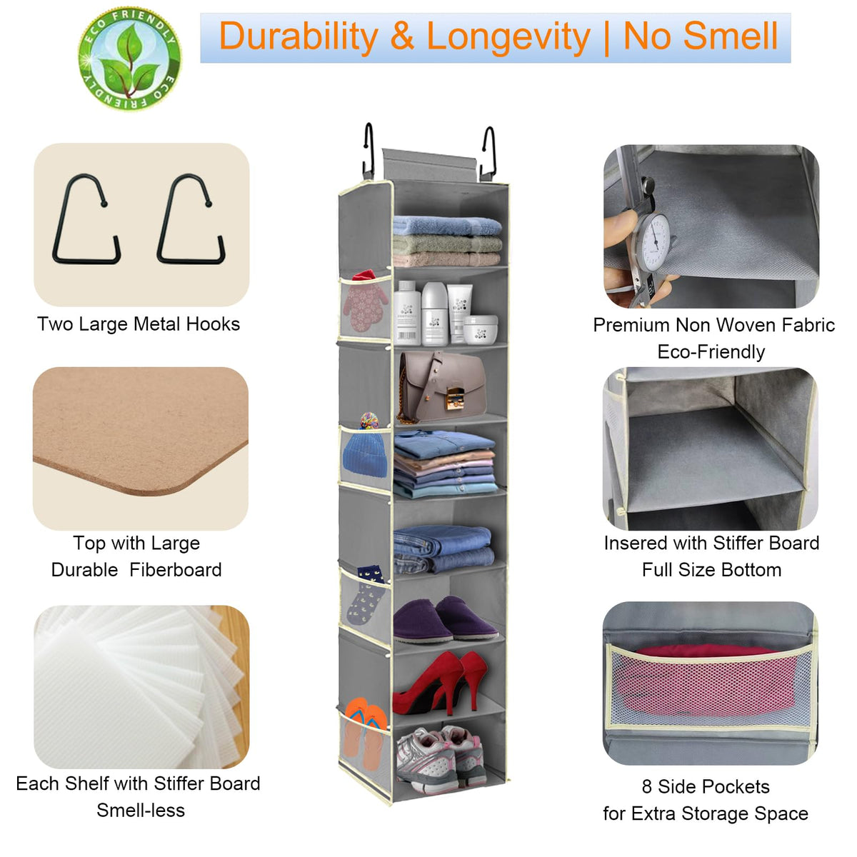 roomtalk Large-Sized Hanging Shoe Organizer 8-Shelf, Hanging Closet Organizer with 8 Side Pockets