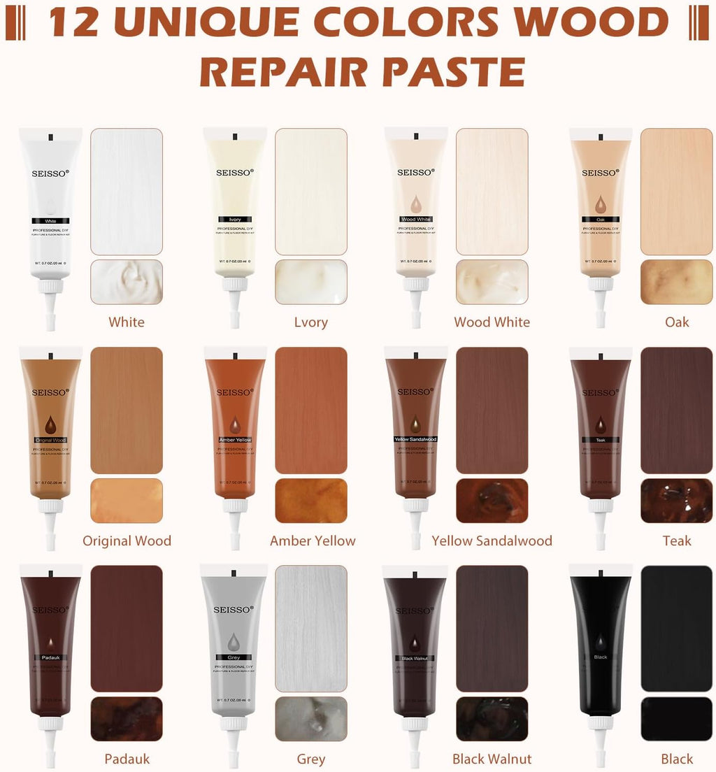 SEISSO Furniture Repair Kit, 12 Colors Wood Touch up Paint, Wood Stain, Wood Filles, Wood Paint