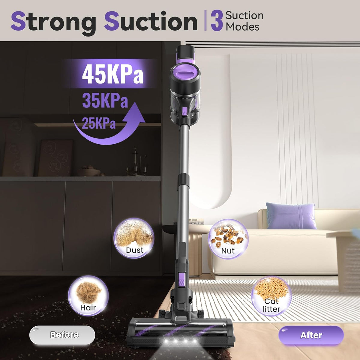 DEVOAC S10 Cordless Vacuum Cleaner, 45Kpa 50mins Lightweight Stick Vacuum with Powerful Suction for