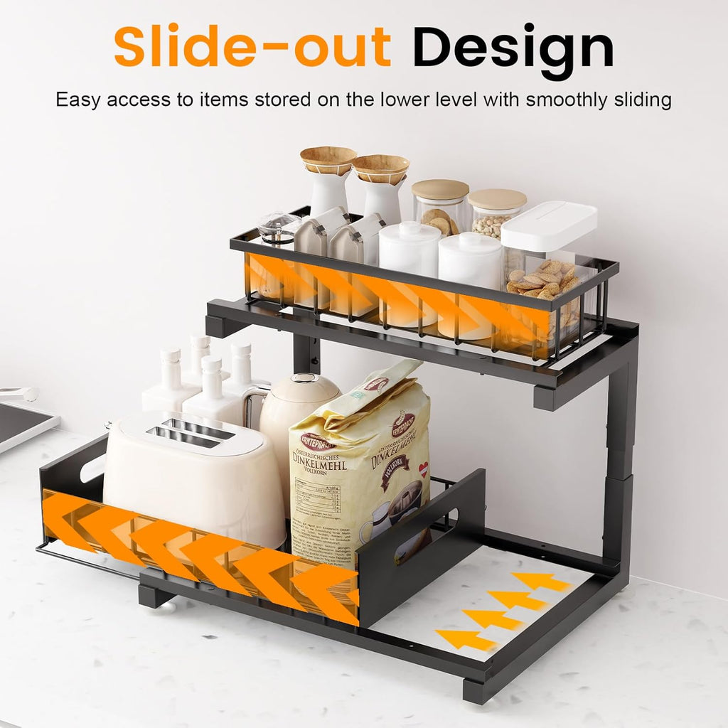 Under Sink Organizer Storage 2-Tier Heavy Duty Metal Pull Out Cabinet Organizer Slide Out Sink