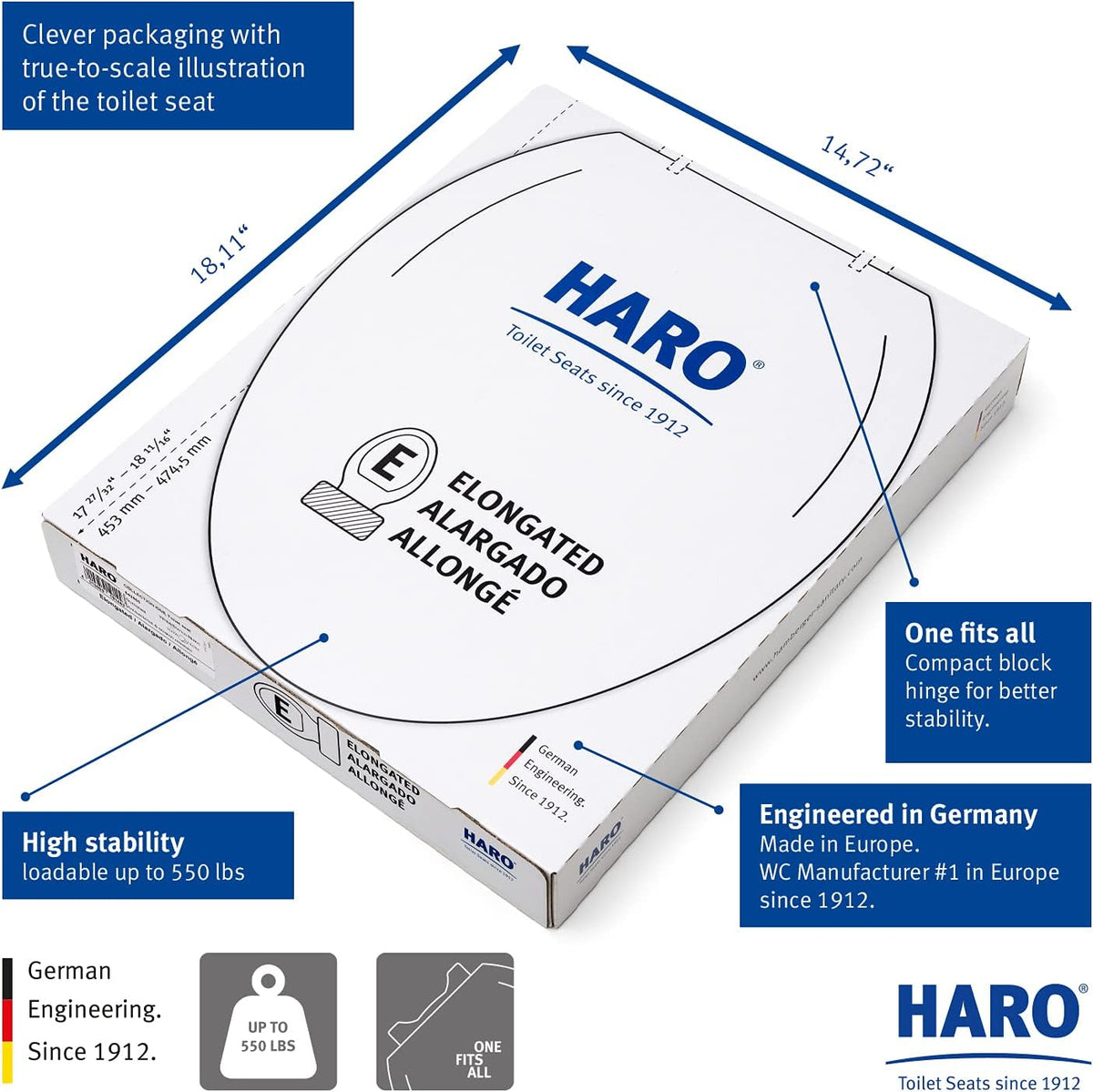 HARO | ELONGATED Toilet Seat | Slow-Close-Seat | Heavy-Duty up to 550 lbs, Quick-Release & Easy