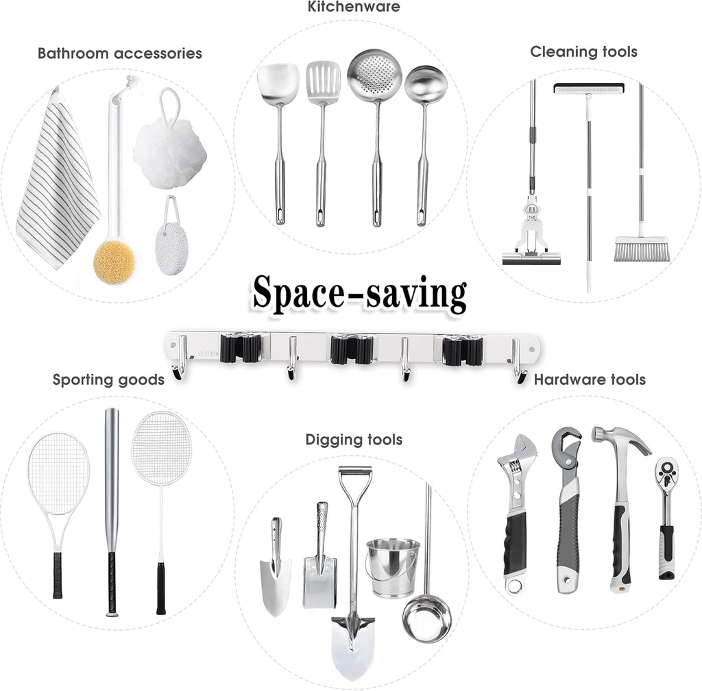 3 Racks and 4 Hooks Broom and Mop Holder Wall Mounted Garage Organizer Storage Tool Racks Stainless